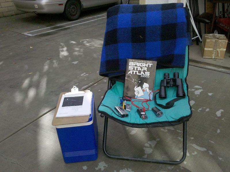 My meteor watching setup - comfortable chair, blanket, clipboard, red flashlights, clock, binoculars, snacks